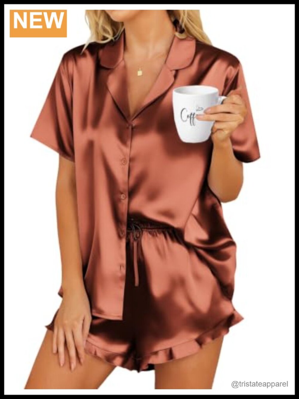 Satin Pajama Set Button Down Short Sleeve Ruffle Shorts